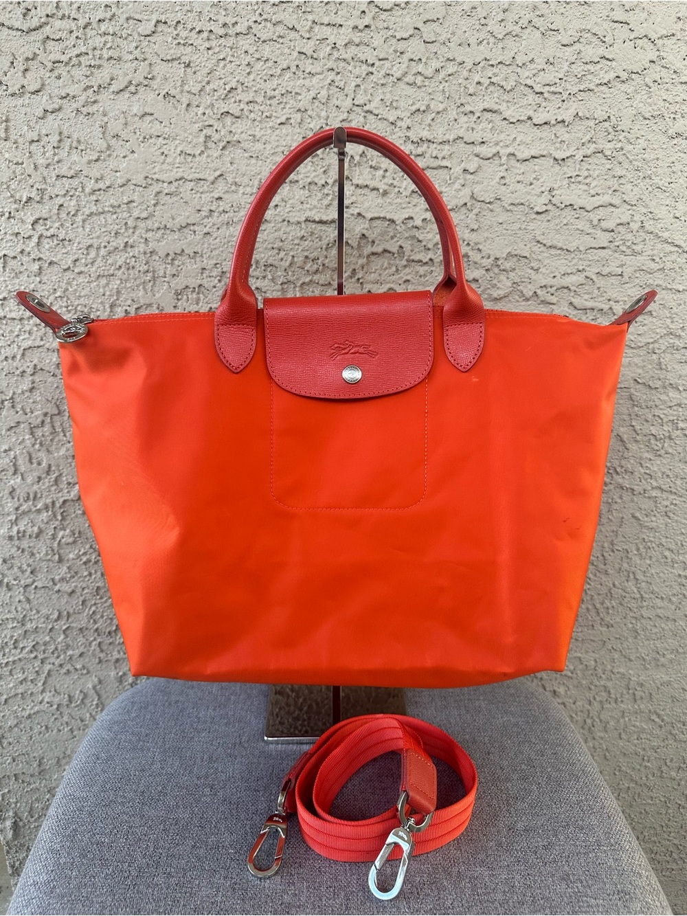 LONGCHAMP Orange Nylon Tote with Leather Trim w/strap